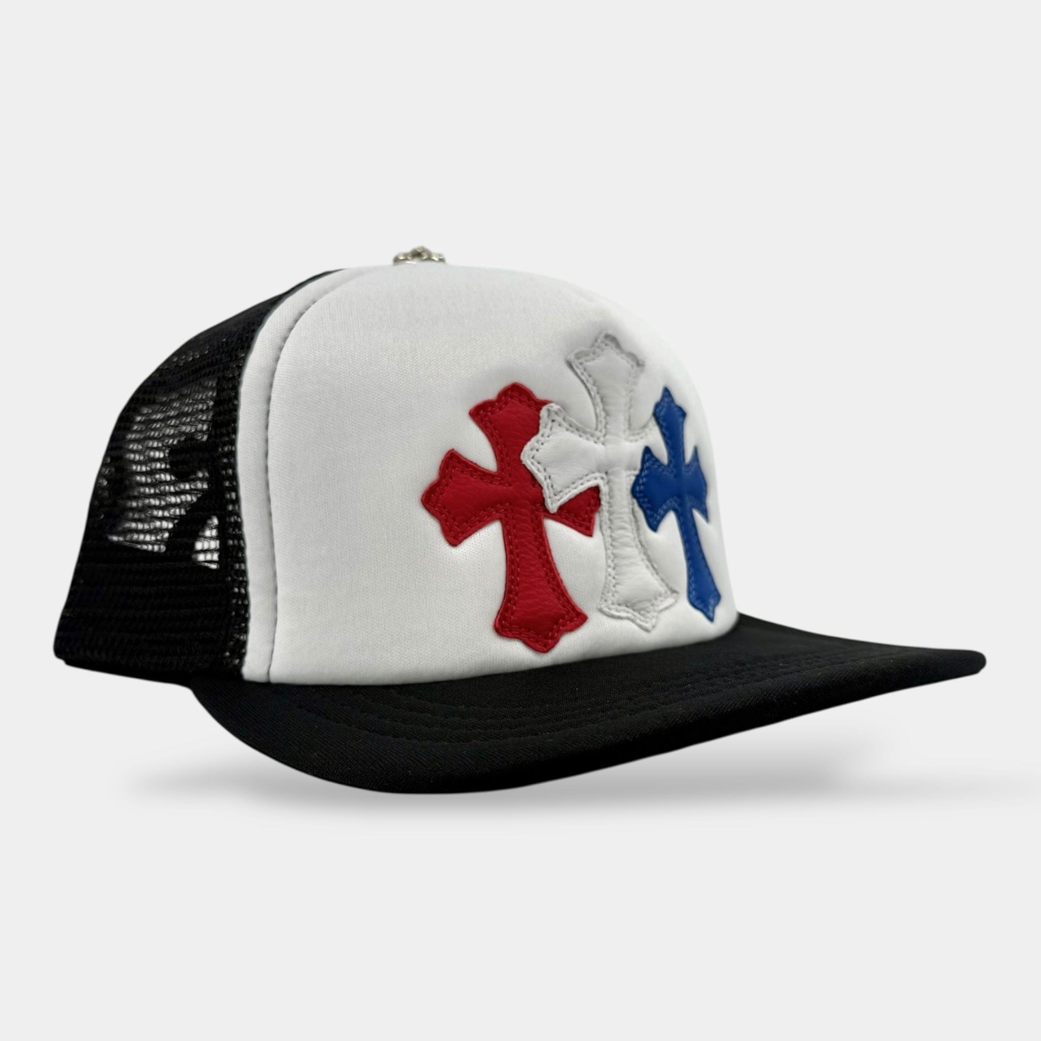 Chrome Hearts Cemetery Leather Cross Patch Trucker Hat Black White Multi