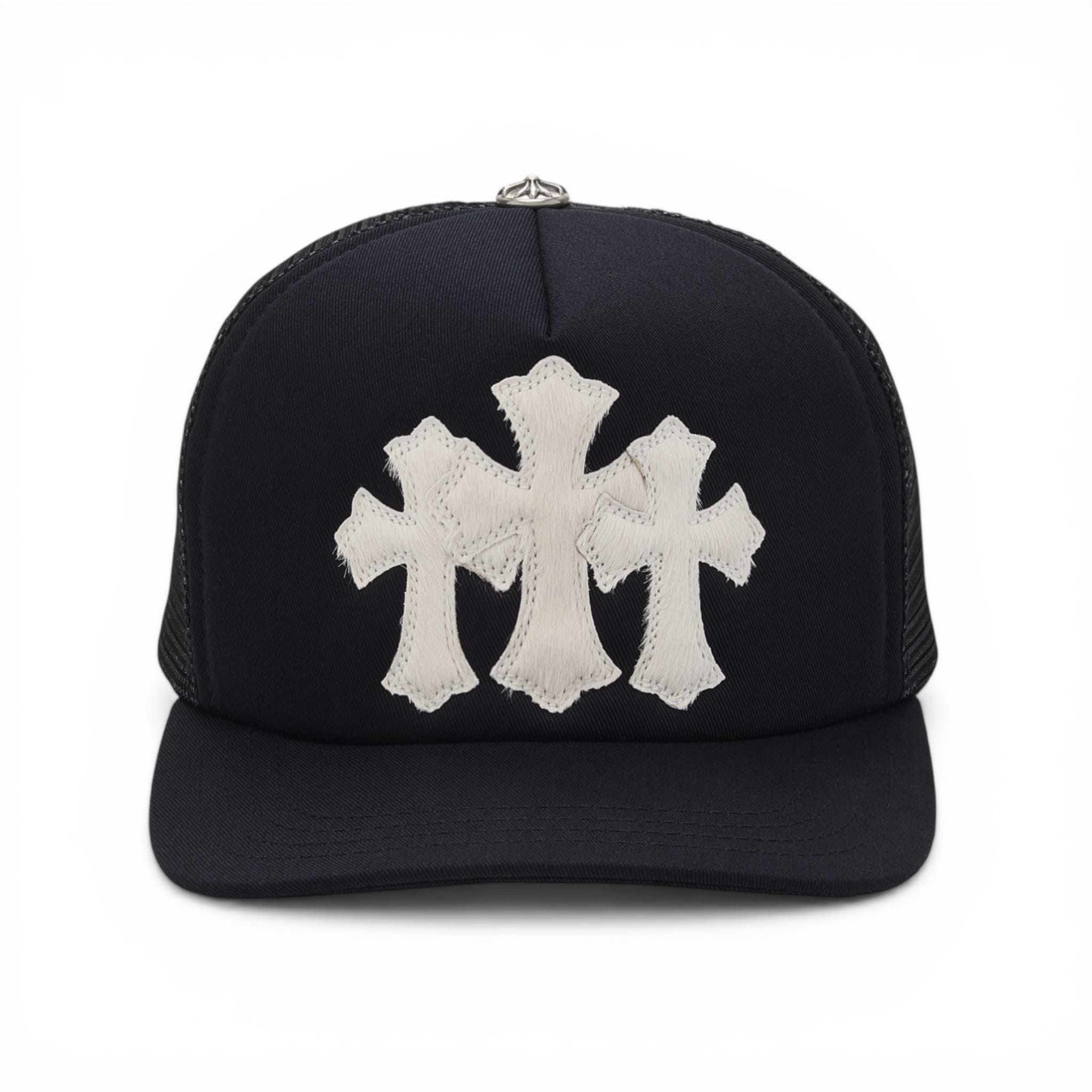 Chrome Hearts Cemetery Pony Hair Cross Patch Trucker Hat Black White