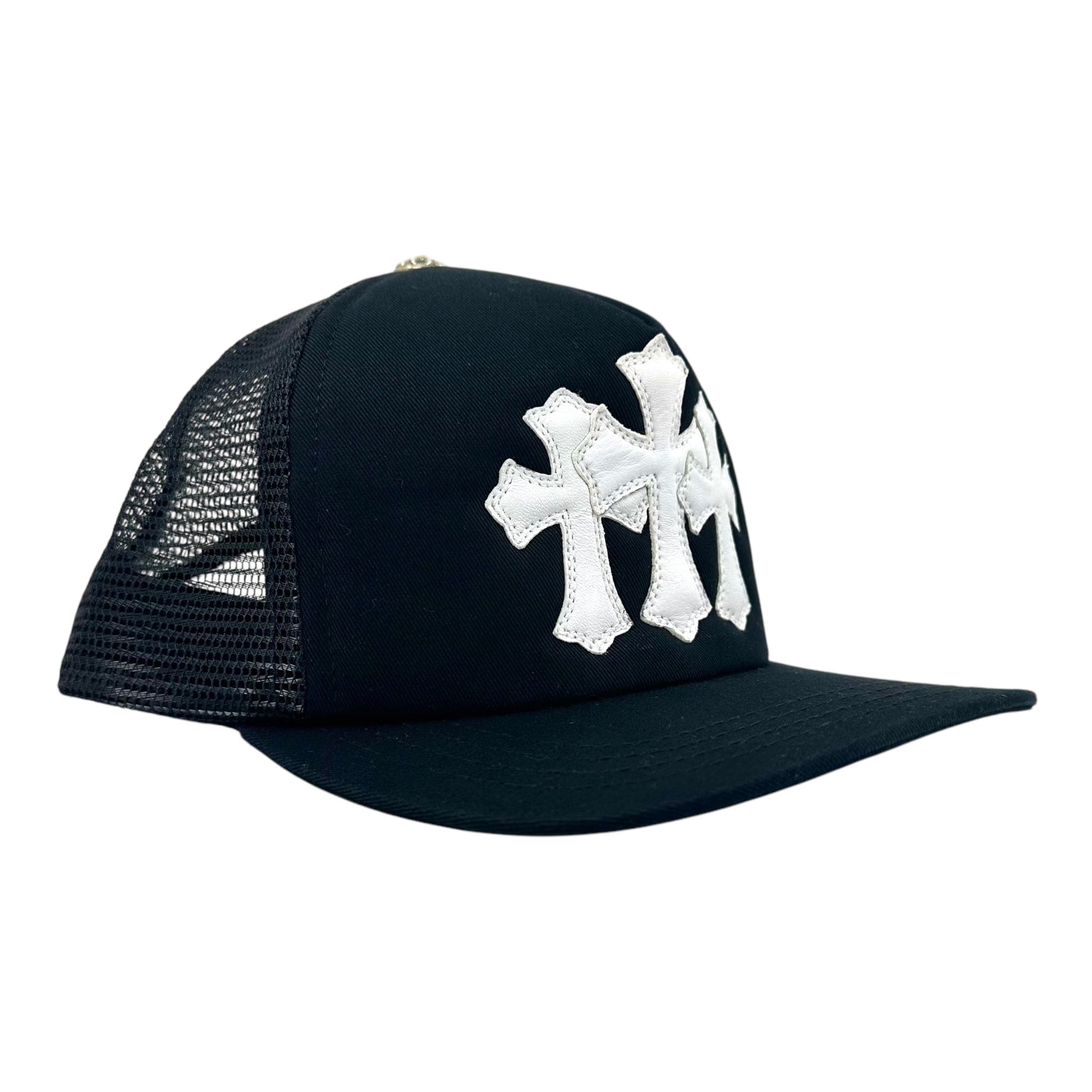 Chrome Hearts Cemetery Leather Cross Patch Trucker Hat Black White