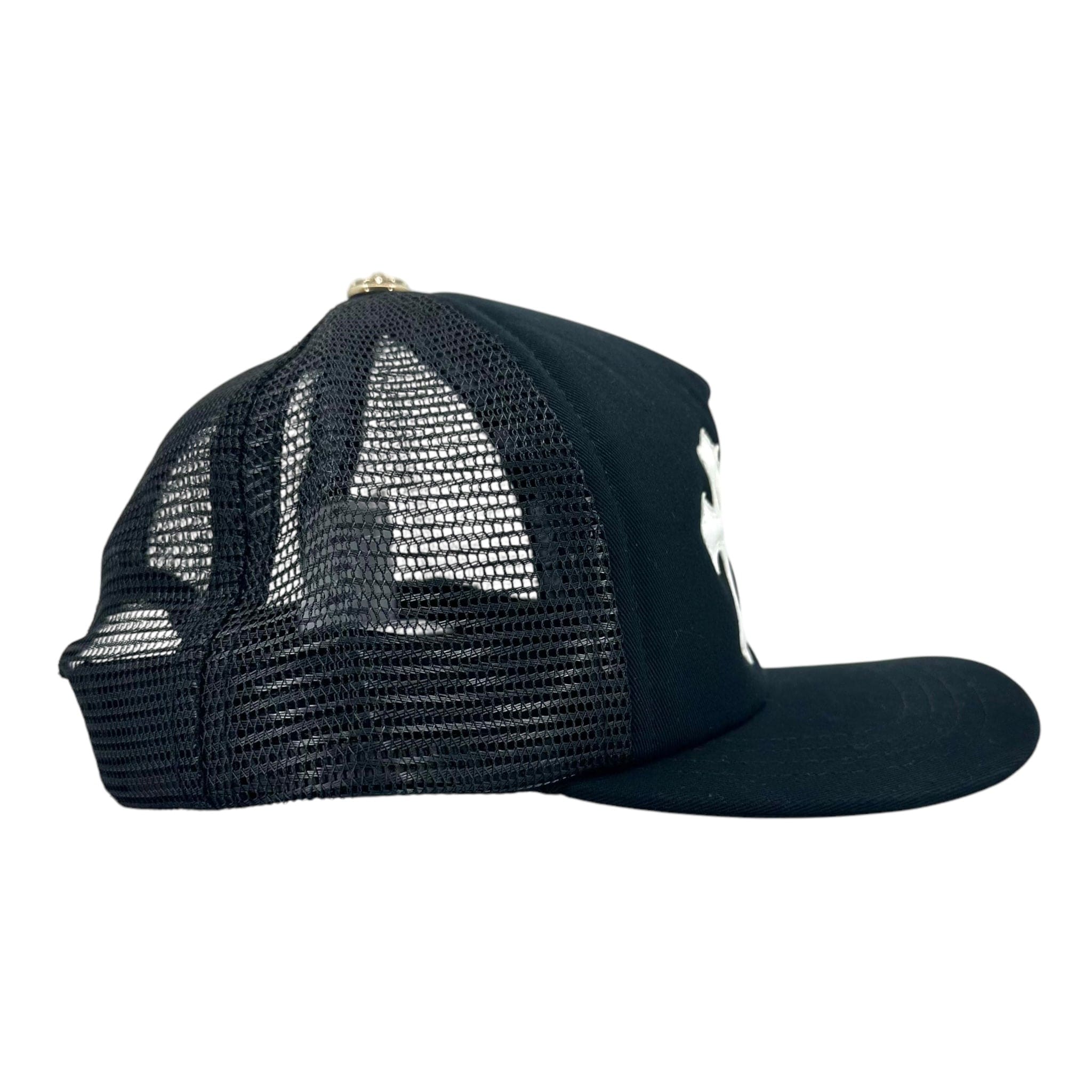 Chrome Hearts Cemetery Leather Cross Patch Trucker Hat Black White
