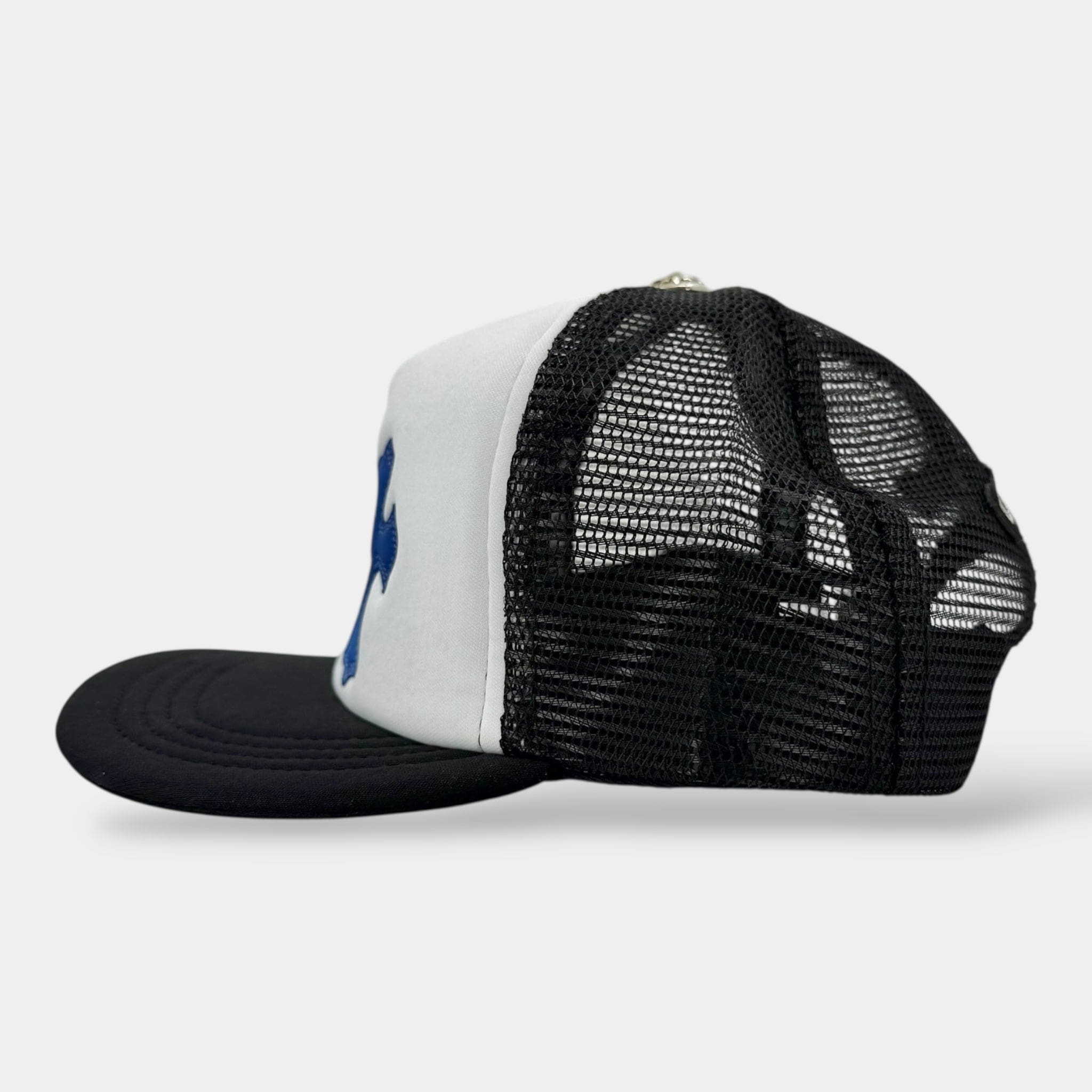Chrome Hearts Cemetery Leather Cross Patch Trucker Hat Black White Multi