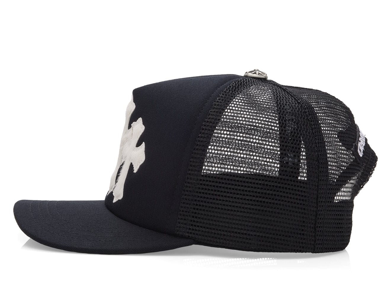 Chrome Hearts Cemetery Pony Hair Cross Patch Trucker Hat Black White