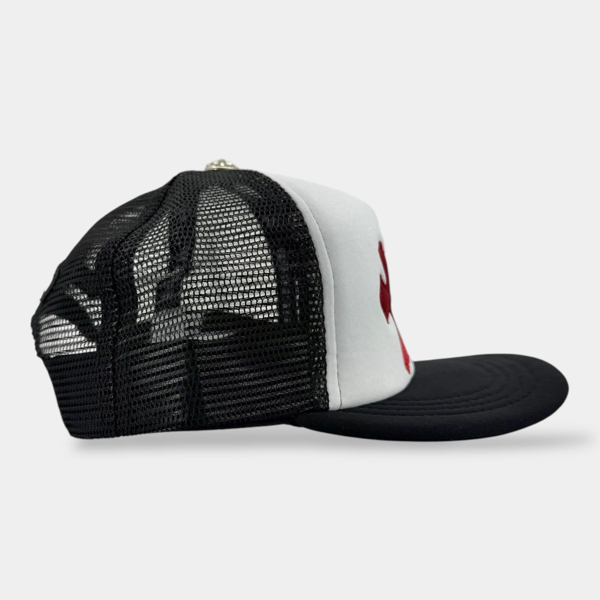 Chrome Hearts Cemetery Leather Cross Patch Trucker Hat Black White Multi