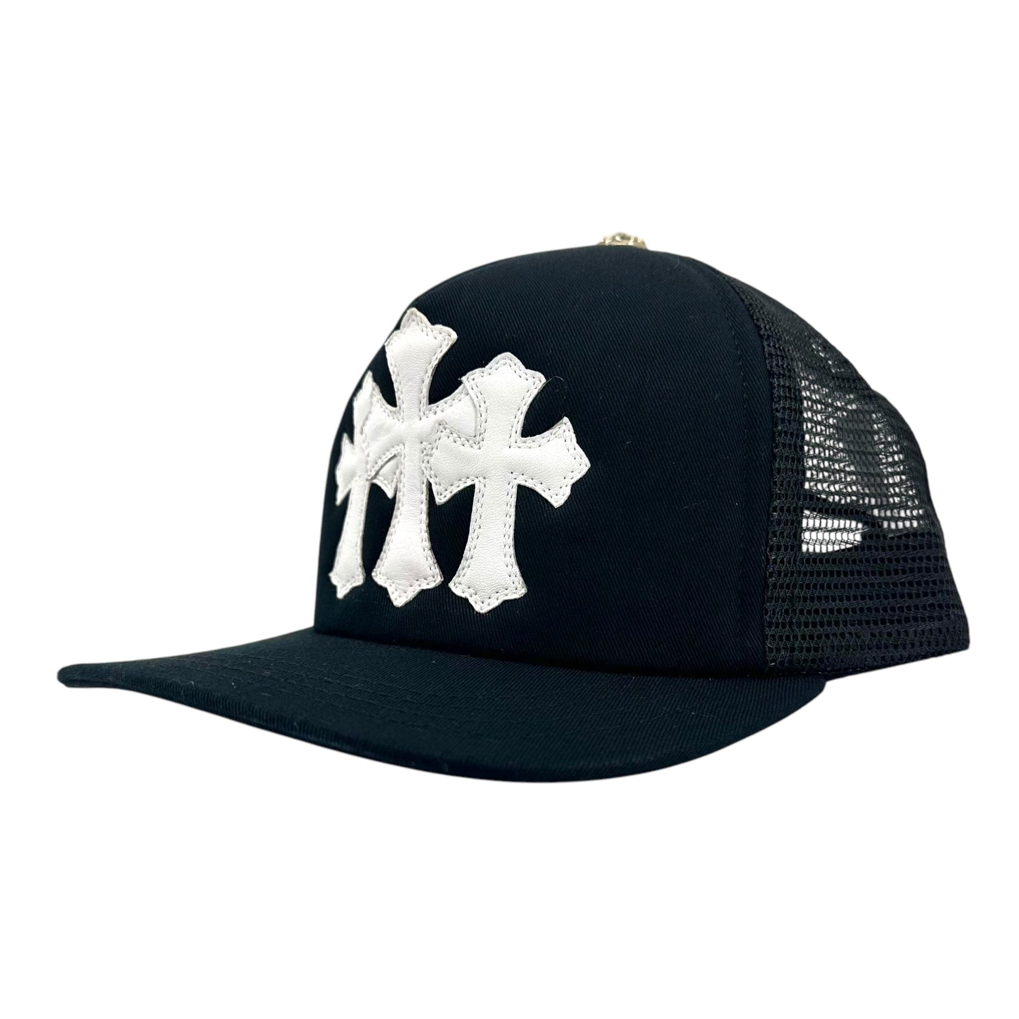 Chrome Hearts Cemetery Leather Cross Patch Trucker Hat Black White