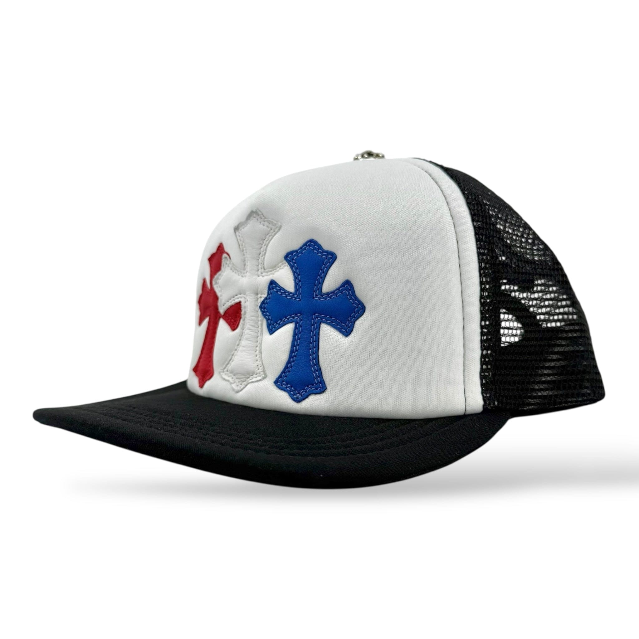 Chrome Hearts Cemetery Leather Cross Patch Trucker Hat Black White Multi