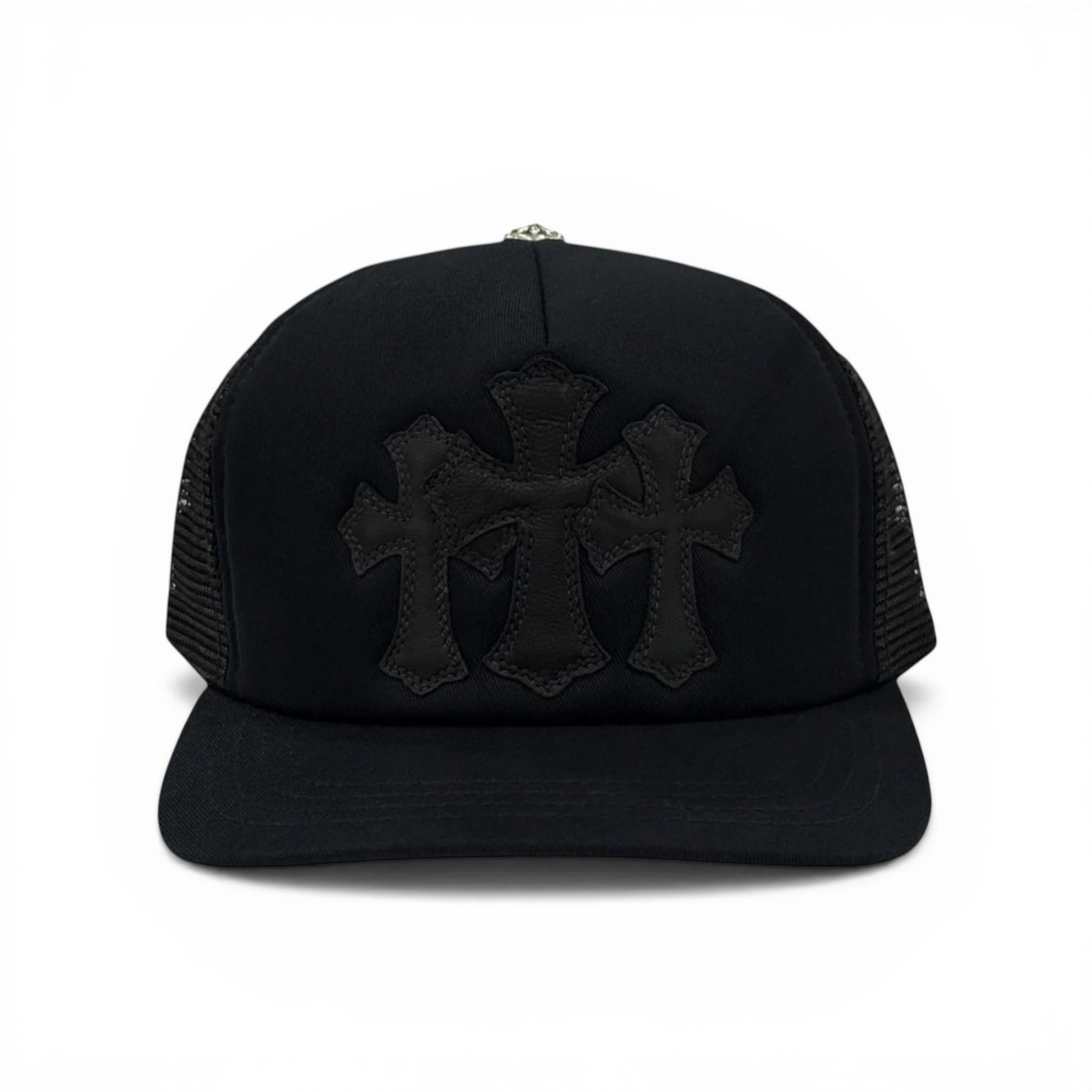 Chrome Hearts Cemetery Leather Cross Patch Trucker Hat Black Black