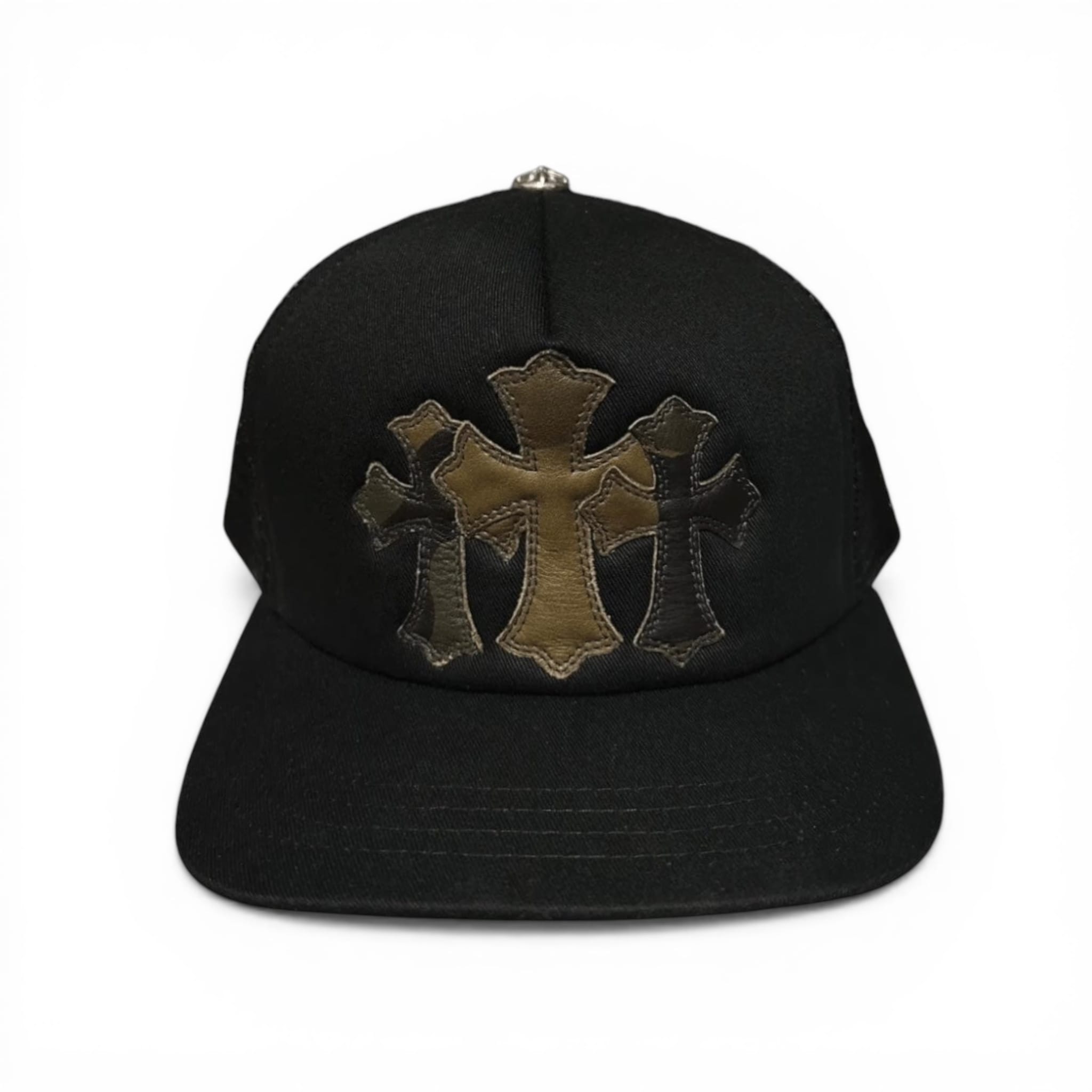 Chrome Hearts Cemetery Leather Cross Patch Trucker Hat Black Camo Multi