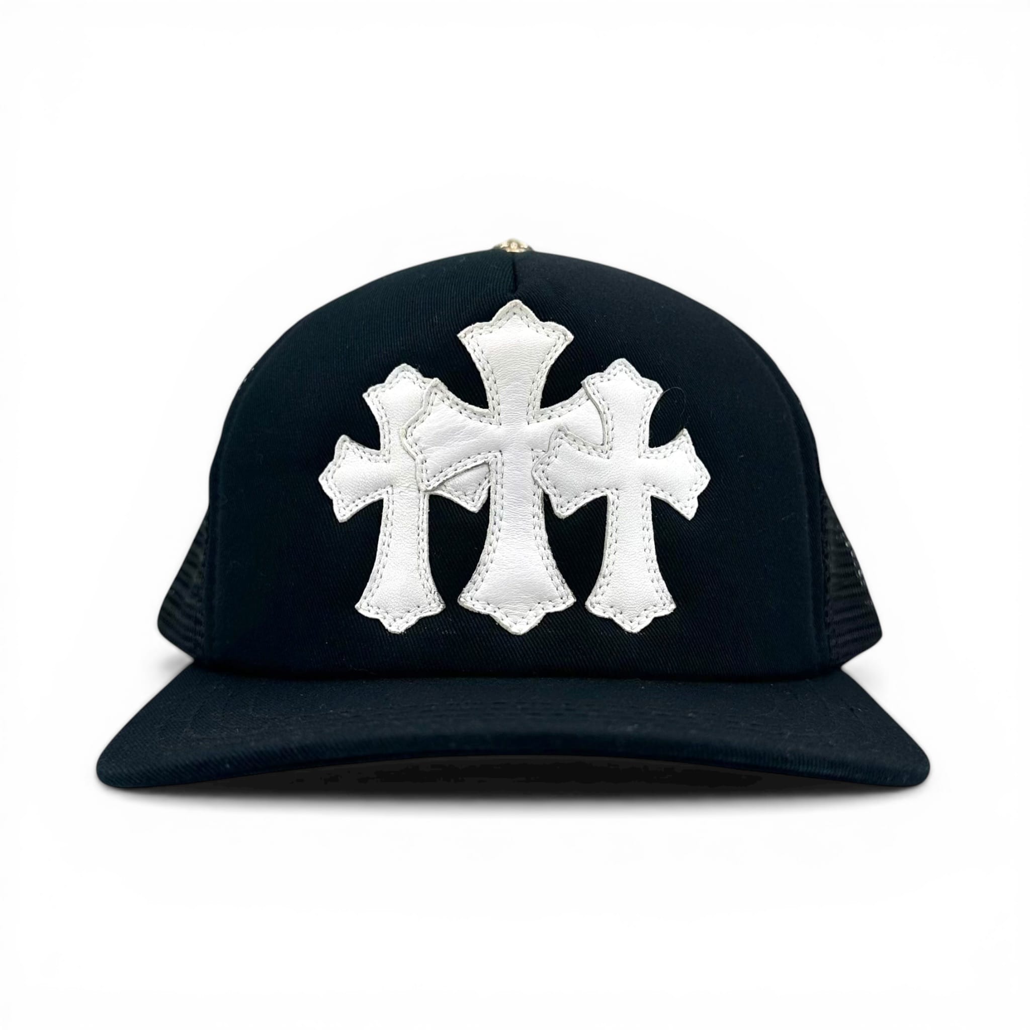 Chrome Hearts Cemetery Leather Cross Patch Trucker Hat Black White