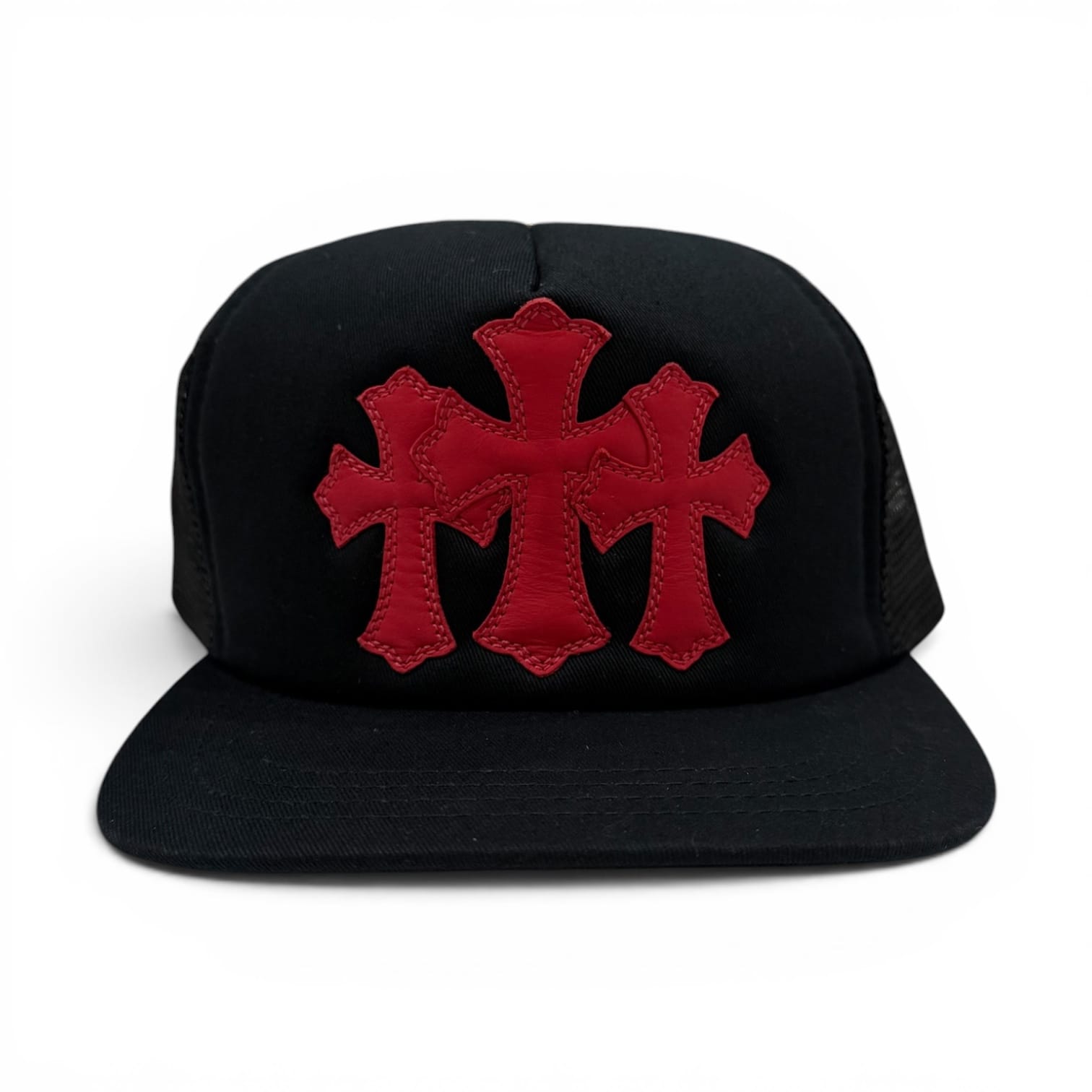 Chrome Hearts Cemetery Leather Cross Patch Trucker Hat Black Red