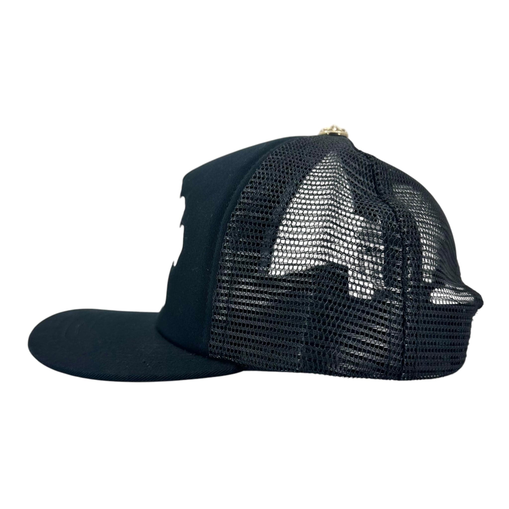 Chrome Hearts Cemetery Leather Cross Patch Trucker Hat Black White